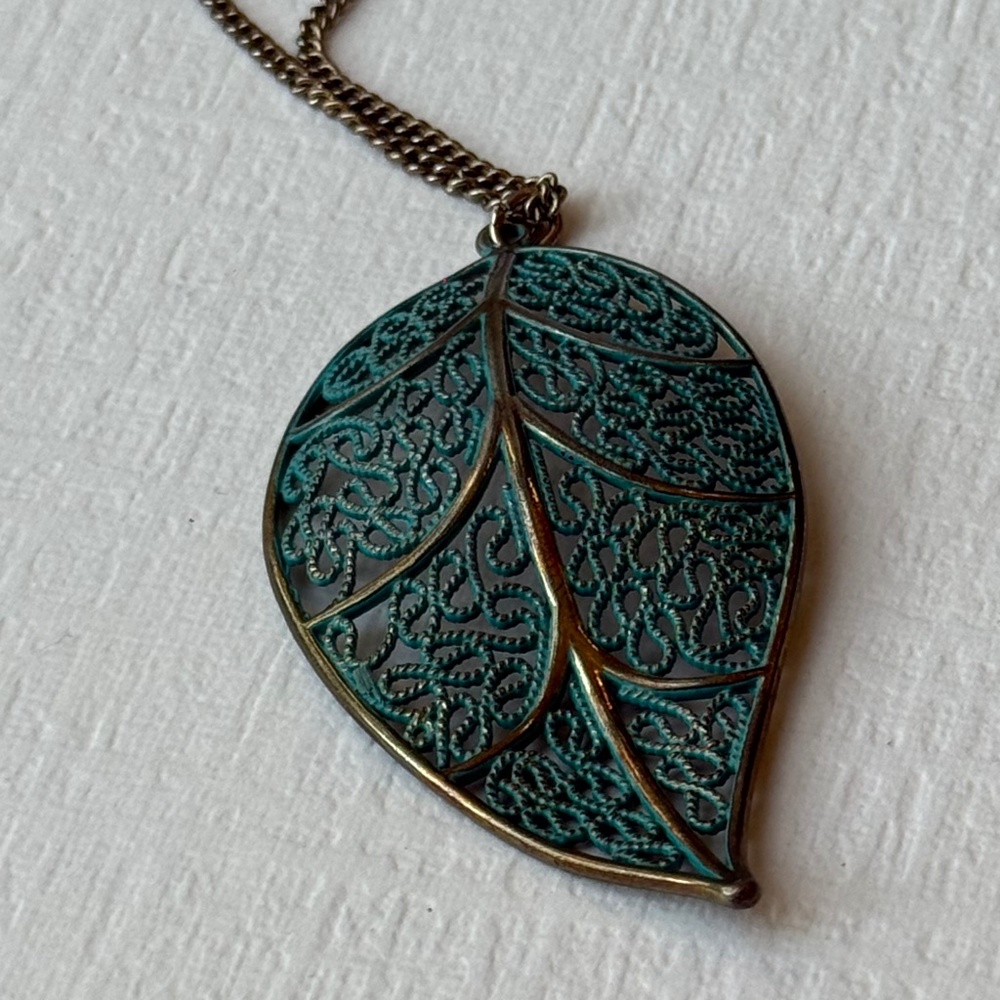 Turquoise Patina Leaf Pendant Necklace Brass Boho Nature Jewelry